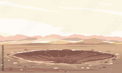 Leinwand Poster Meteor crater with cracks and stones at the bottom landscape background, nature