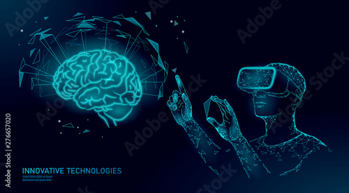 Active human brain VR headset next level menthal abilities. Man wearing glasses augmented reality geometric blue glowing. Neurocomputer vector illustration