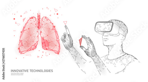Male modern doctor operate human lungs cancer. Virtual reality assistance laser operation. 3D VR headset augmented reality glasses medicine online digital banner vector illustration