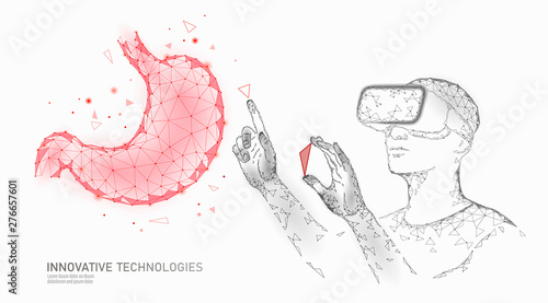 Male modern doctor operate human stomach cancer. Virtual reality assistance laser operation. 3D VR headset augmented reality glasses medicine online digital banner vector illustration