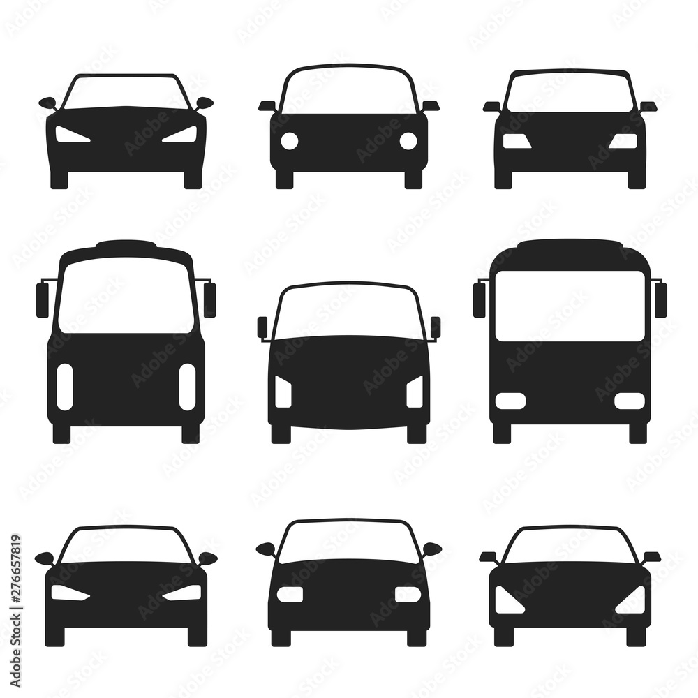 Set of cars silhouette, front view. Bus, truck. Vector illustration EPS 10