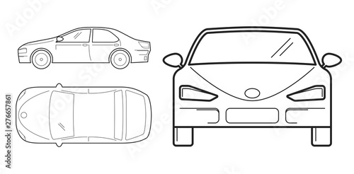 Car, line design. Top, front and side view. Vector illustration isolated on white background