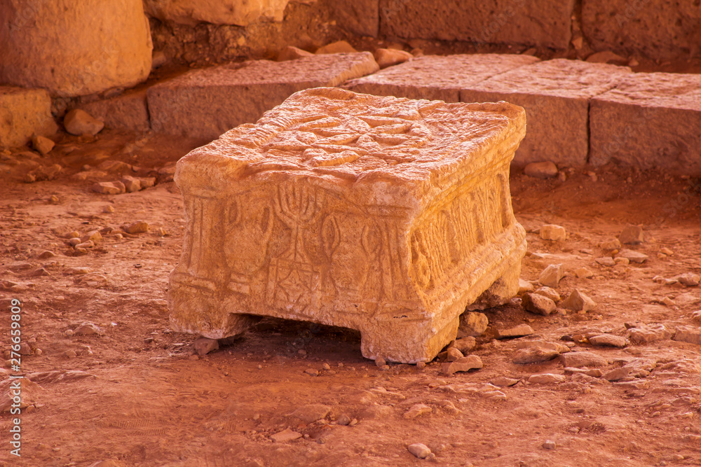The ancient Magdala stone located in a 1st century synagogue dig The ancient Magdala stone located in a 1st century synagogue dig