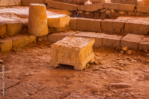 The ancient Magdala stone located in a 1st century synagogue dig photo