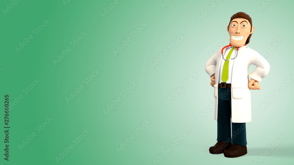 Cartoon 3d doctor with a stethoscope proud and smiling with hands on his hips on a green gradient background 3d rendering Cartoon 3d doctor with a stethoscope proud and smiling with hands on his hips on a green gradient background 3d rendering