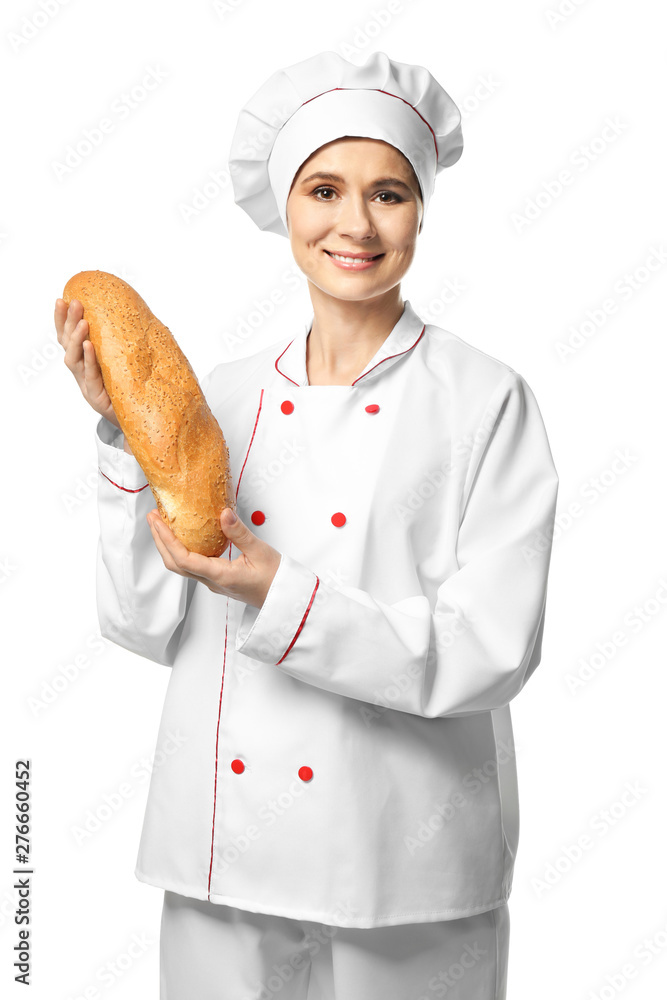 Female baker with bread on white background Female baker with bread on white background