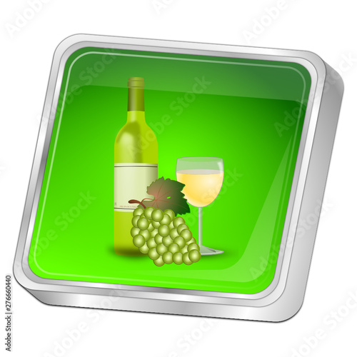 Button with wine bottle, a glass of wine and Grapes - 3D illustration