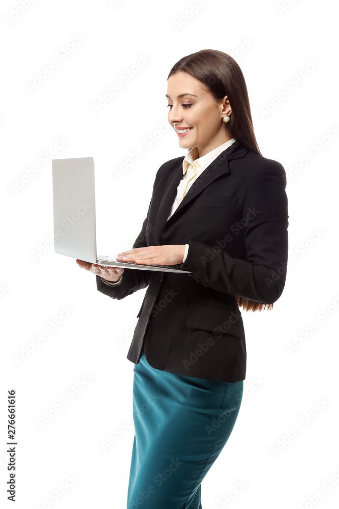 Stylish businesswoman with laptop on white background Stylish businesswoman with laptop on white background