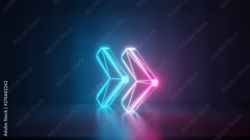 3d rendering glowing blue purple neon laser light with wireframe thick symbol of angle double arrow right with rounded corner in empty space corner seamless fade animation 3d rendering glowing blue purple neon laser light with wireframe thick symbol of angle double arrow right with rounded corner in empty space corner seamless fade animation