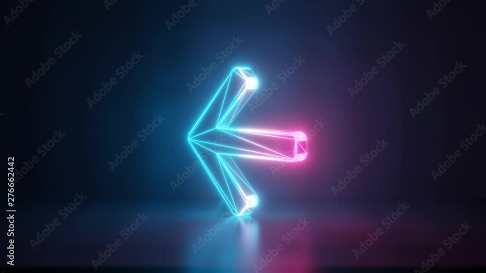 3d rendering glowing blue purple neon laser light with wireframe symbol of arrow left in empty space corner seamless fade animation