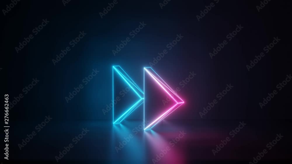 3d rendering glowing blue purple neon laser light with wireframe symbol of double fast forward right triangle arrows in empty space corner seamless fade animation 3d rendering glowing blue purple neon laser light with wireframe symbol of double fast forward right triangle arrows in empty space corner seamless fade animation