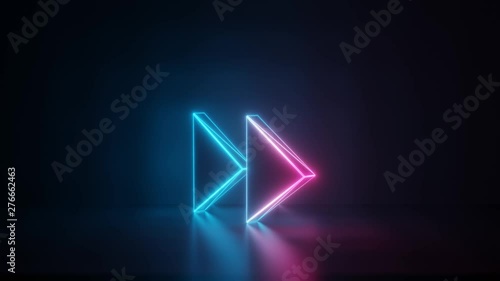 Wallpaper Mural 3d rendering glowing blue purple neon laser light with wireframe symbol of double fast forward right triangle arrows in empty space corner seamless fade animation Torontodigital.ca