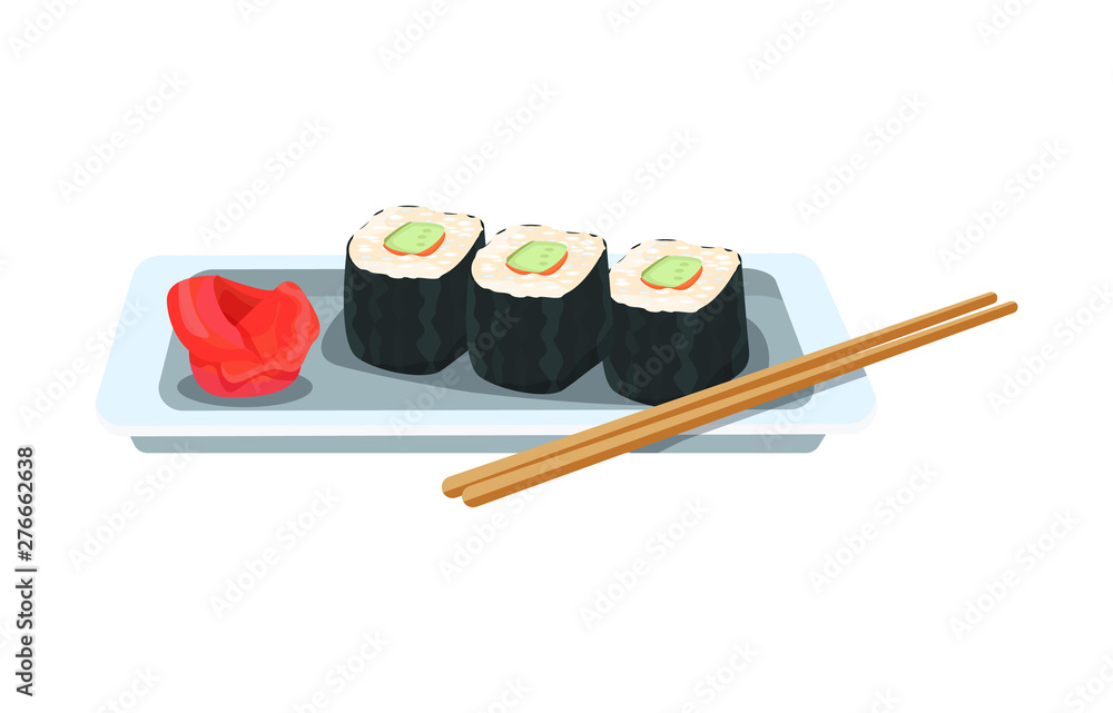 Delicious dish - Asian rolls and sushi, with ginger and wasabi. Delicious dish - Asian rolls and sushi, with ginger and wasabi.