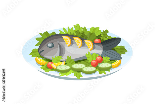 Delicious dish - tender fish meat, with greens, lemon and vegetables.