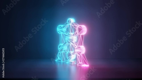3d rendering glowing blue purple neon laser light with wireframe symbol of atomium landmark building in empty space corner seamless fade animation