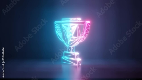3d rendering glowing blue purple neon laser light with wireframe symbol of award cup with dollar sign in empty space corner seamless fade animation