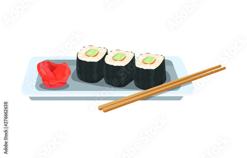 Delicious dish - Asian rolls and sushi, with ginger and wasabi.
