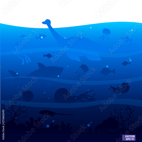 Fototapeta Naklejka Na Ścianę i Meble -  Deep blue sea life. Ancient ocean with dinosaurs.