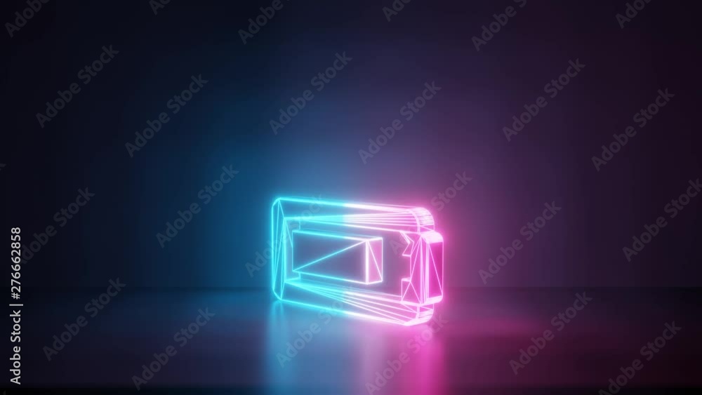 3d rendering glowing blue purple neon laser light with wireframe horizontal symbol of battery three quarters in empty space corner seamless fade animation 3d rendering glowing blue purple neon laser light with wireframe horizontal symbol of battery three quarters in empty space corner seamless fade animation