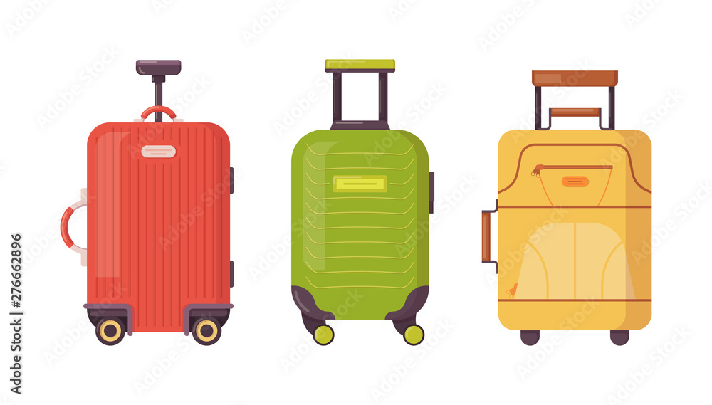 Set of plastic, metal and leather suitcases, luggage cases. Set of plastic, metal and leather suitcases, luggage cases.