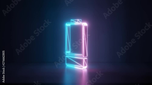 3d rendering glowing blue purple neon laser light with wireframe vertical symbol of one third charged battery  in empty space corner seamless fade animation