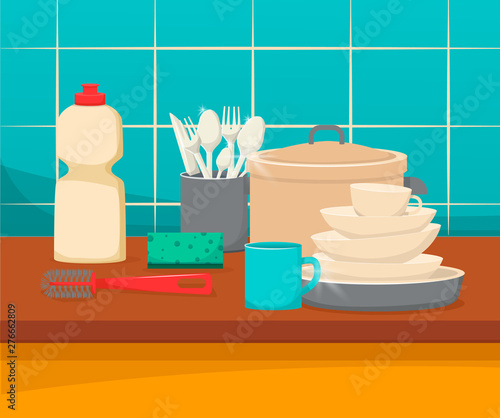 Kitchen sink with clean dishes and accessories, order and comfort.