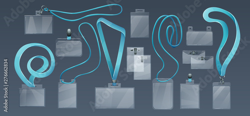 Plastic badge holders for employee IDs, on soft straps, laces.