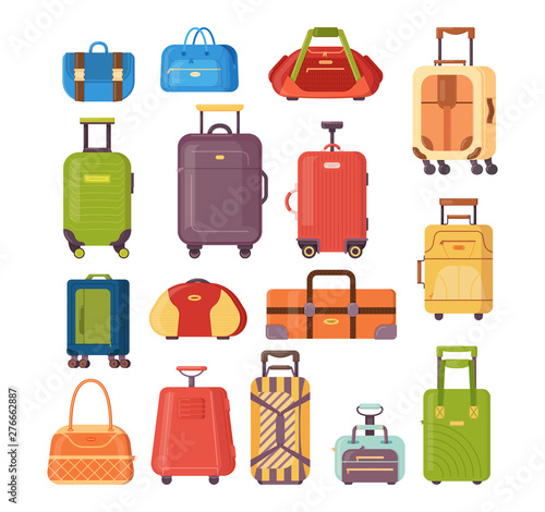 Set of plastic and metal suitcases, backpacks, bags for luggage.