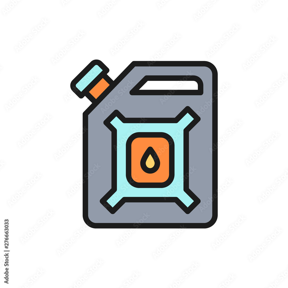 Vector oil gallon, gasoline canister, petrol jerrican flat color line icon. Vector oil gallon, gasoline canister, petrol jerrican flat color line icon.