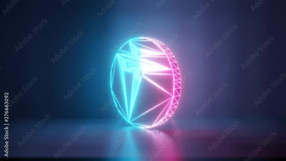 3d rendering glowing blue purple neon laser light with wireframe symbol