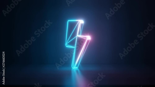 3d rendering glowing blue purple neon laser light with wireframe symbol of bolt of lightning in empty space corner seamless fade animation