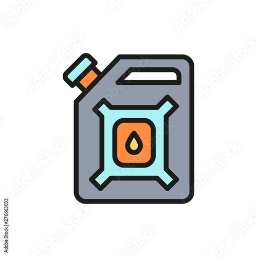 Vector oil gallon, gasoline canister, petrol jerrican flat color line icon.