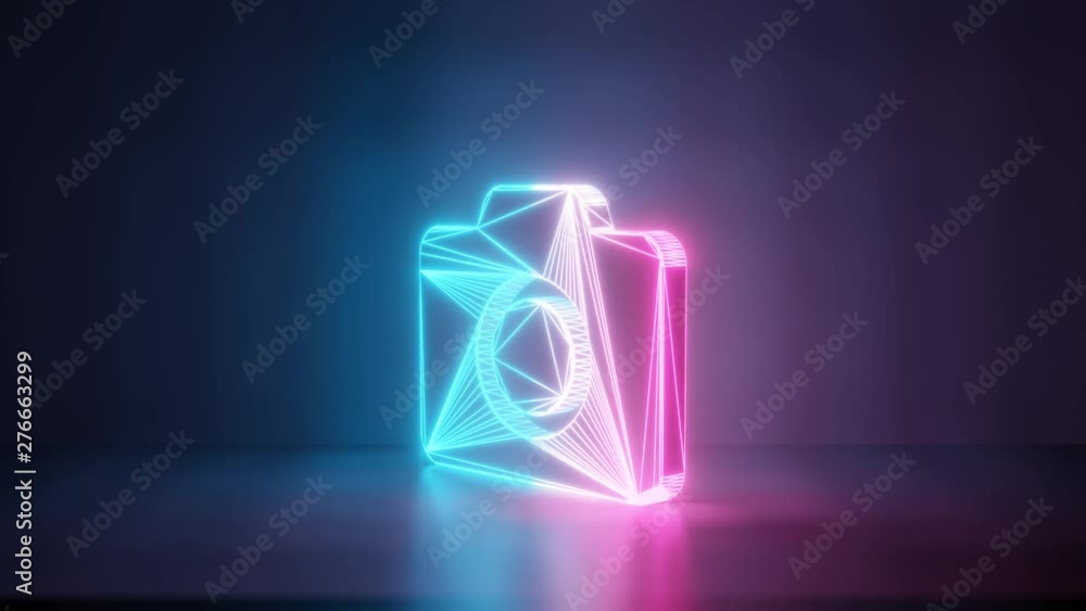 3d rendering glowing blue purple neon laser light with wireframe symbol of camera in empty space corner seamless fade animation 3d rendering glowing blue purple neon laser light with wireframe symbol of camera in empty space corner seamless fade animation