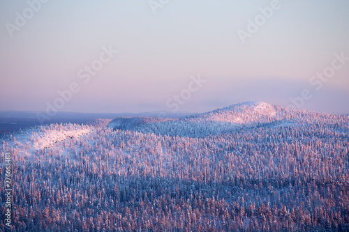 Winter landscape after sunrise seen from Ruka fjell near Kuusamo  Northern Finland