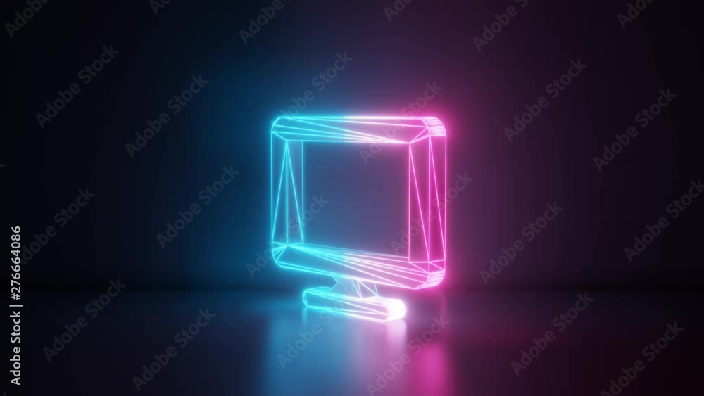 3d rendering glowing blue purple neon laser light with wireframe symbol of monitor in empty space corner seamless fade animation 3d rendering glowing blue purple neon laser light with wireframe symbol of monitor in empty space corner seamless fade animation