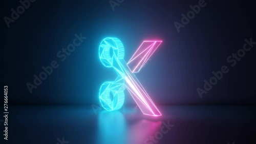 3d rendering glowing blue purple neon laser light with wireframe symbol of scissors in empty space corner seamless fade animation