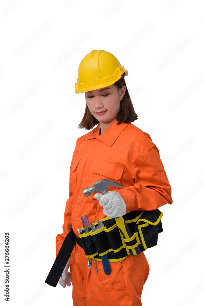 construction workers wearing Orange Protective clothes, helmet hand holding hammer with tool belt isolated on white backround construction workers wearing Orange Protective clothes, helmet hand holding hammer with tool belt isolated on white backround