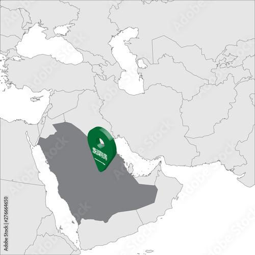 Kingdom of Saudi Arabia Location Map on map Asia. 3d Saudi Arabia flag map marker location pin. High quality map of Saudi Arabia.  Vector illustration EPS10.