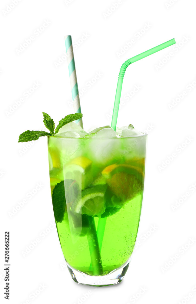 Glass of tasty summer cocktail on white background Glass of tasty summer cocktail on white background