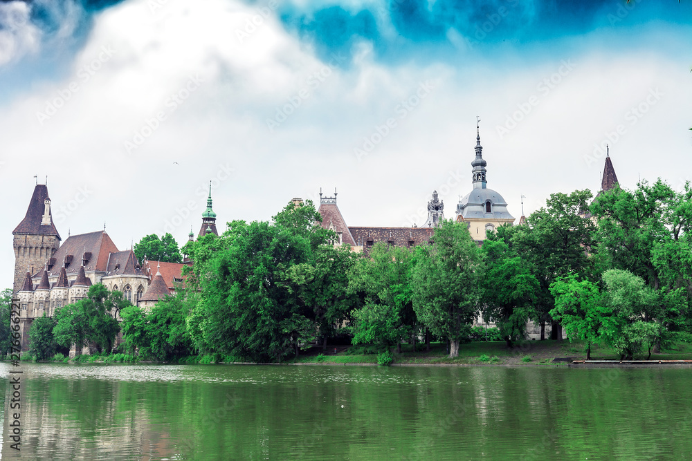 Summer landscape with Vajdahunyad Castle in Budapest, Hungary
