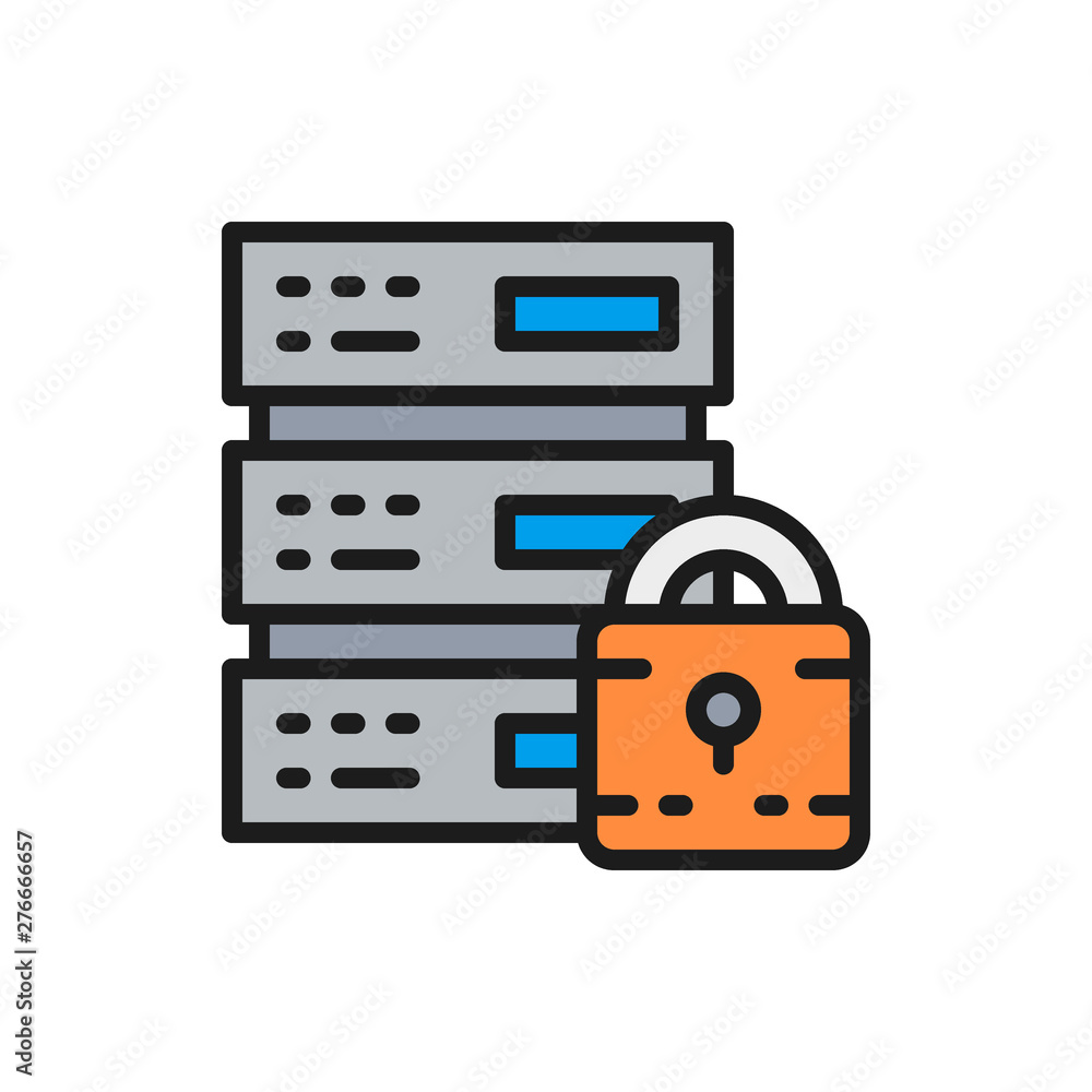 Vector safe server, protected data center, web hosting flat color line icon. Vector safe server, protected data center, web hosting flat color line icon.