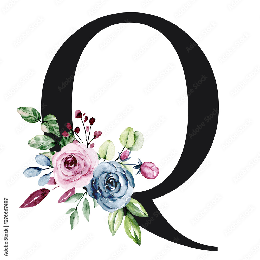 Floral alphabet, letter Q with watercolor flowers and leaves. Monogram