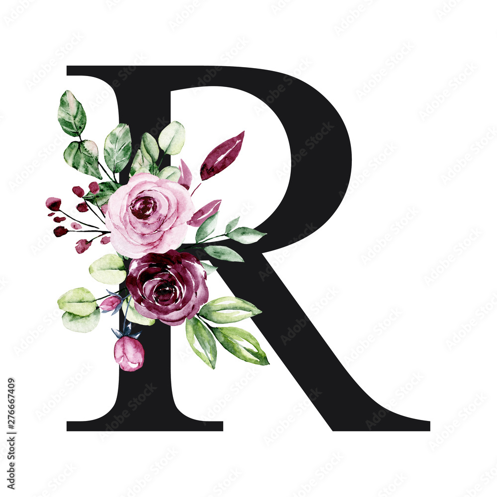 Floral alphabet, letter R with watercolor flowers and leaves. Monogram ...