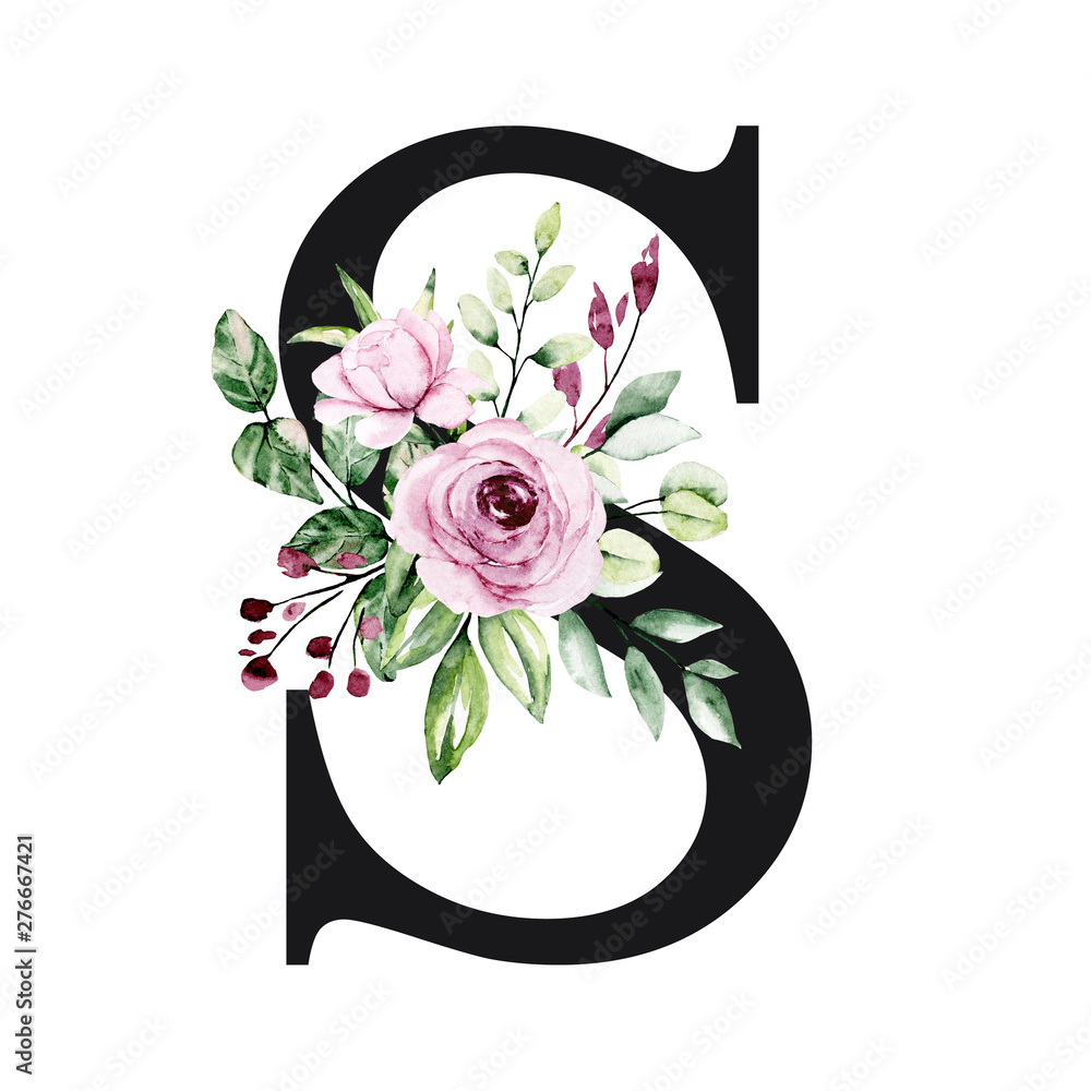 Floral alphabet, letter S with watercolor flowers and leaves