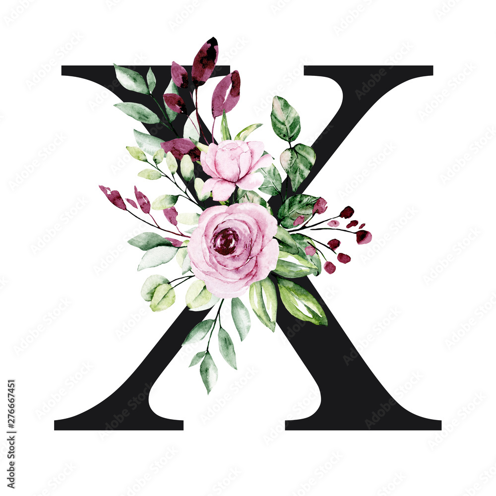 Floral alphabet, letter X with watercolor flowers and leaves. Monogram