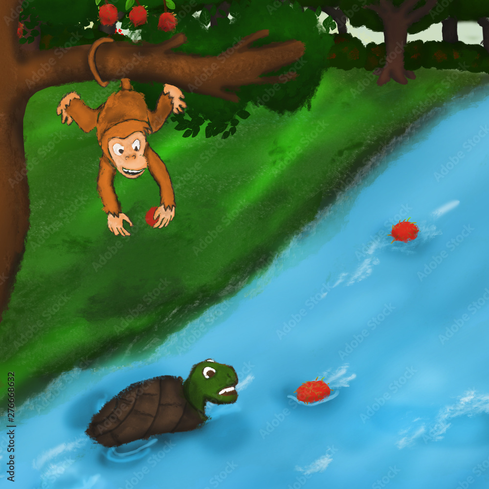the monkey and the turtle story with drawing