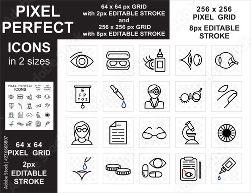 Optometry pixel perfect icon set with eye test and spectacles concept