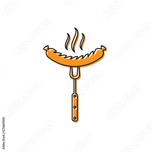 Orange Sausage on the fork with steam icon isolated on white background. Grilled sausage and aroma sign. Vector Illustration