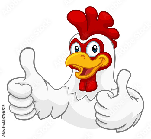 A chicken cartoon rooster cockerel character mascot giving a thumbs up.