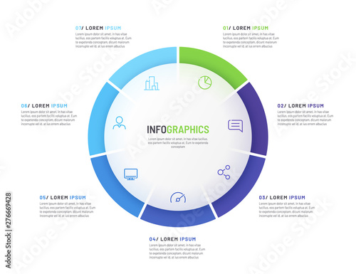 Pie chart infographic template divided by seven parts. Vector illustration